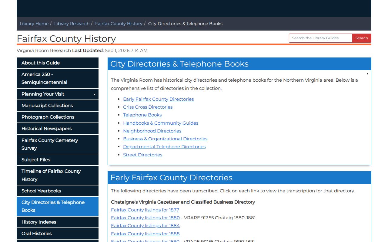 McNair city directory holdings screen for Fairfax County historical research