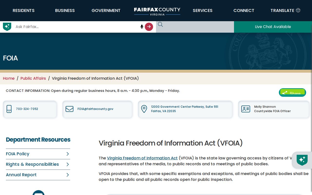 McNair residents directory Fairfax County FOIA request information