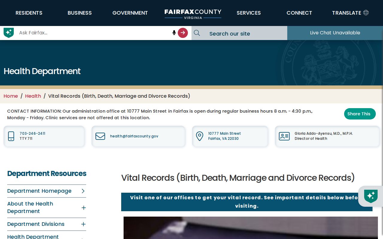 McNair residents directory Fairfax County vital records access information
