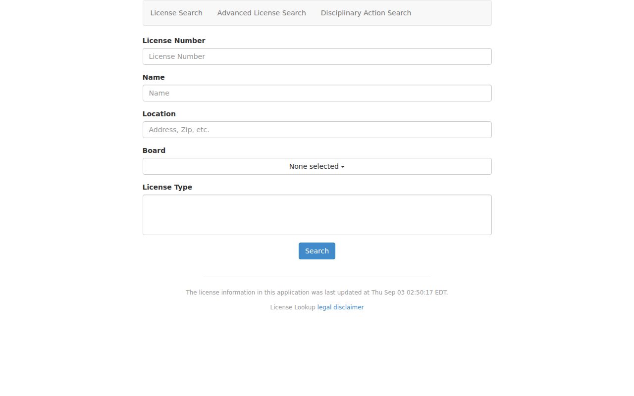 McNair neighbors Virginia DPOR advanced credential search fields