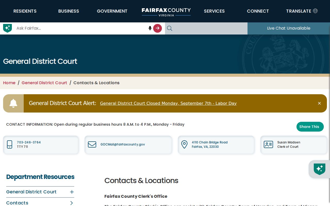 McNair neighbors Fairfax General District Court Herndon courthouse contact route