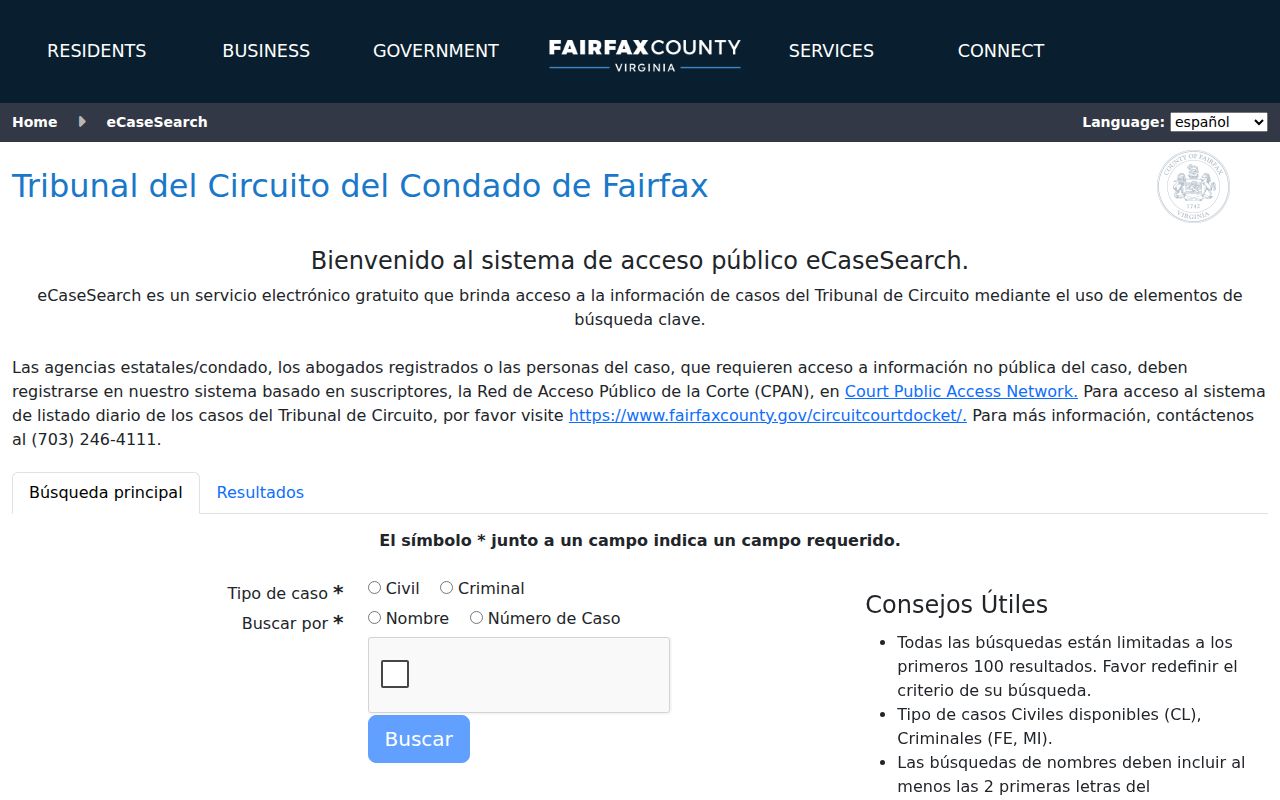 McNair resident lookup using the Fairfax eCaseSearch form