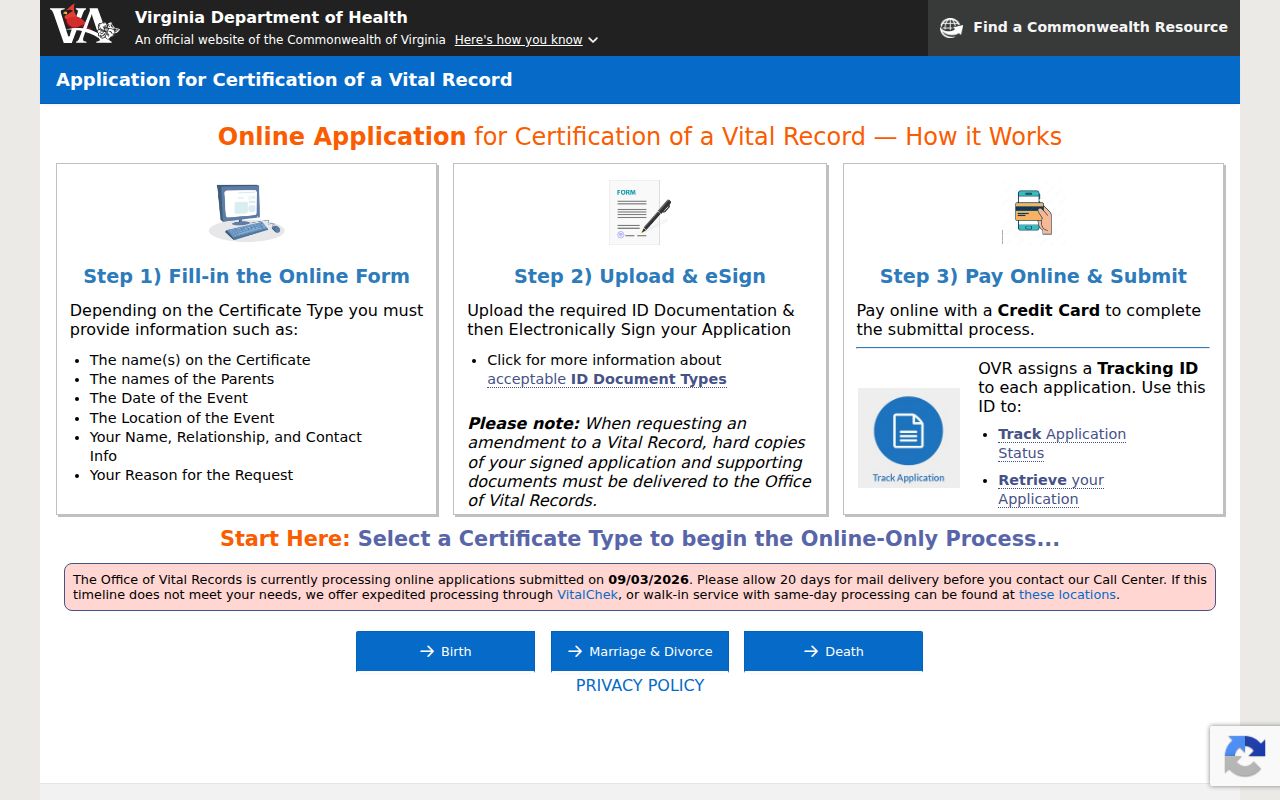 McNair resident lookup Virginia vital-record request form