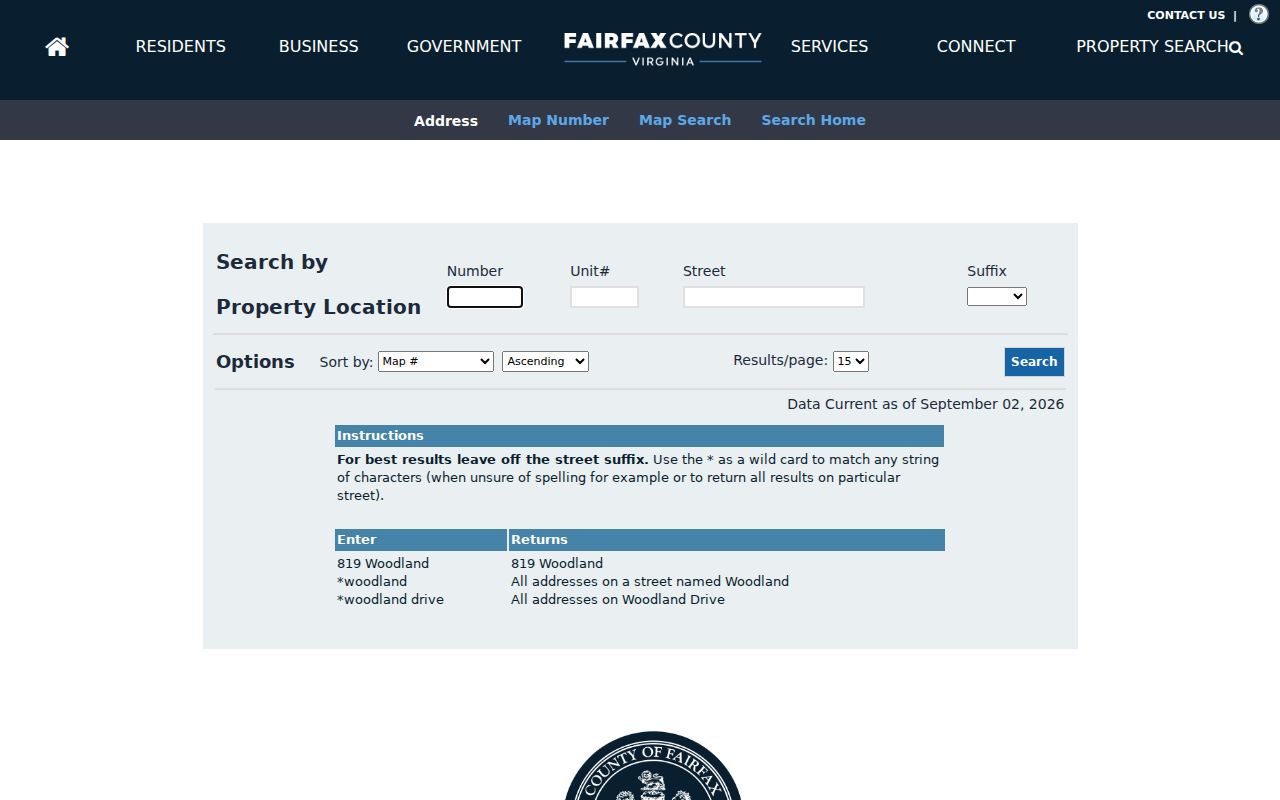 McNair street directory iCare address search fields in Fairfax County