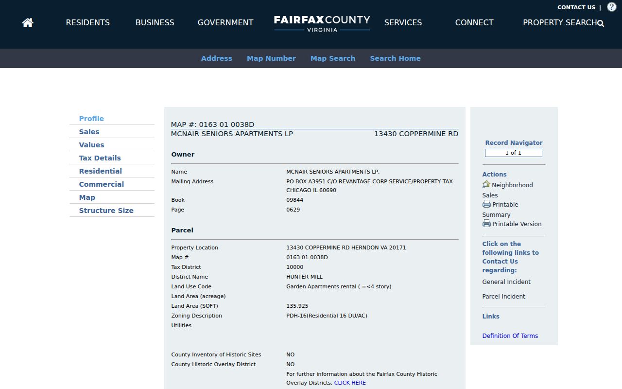 McNair street directory sample Fairfax iCare parcel card result